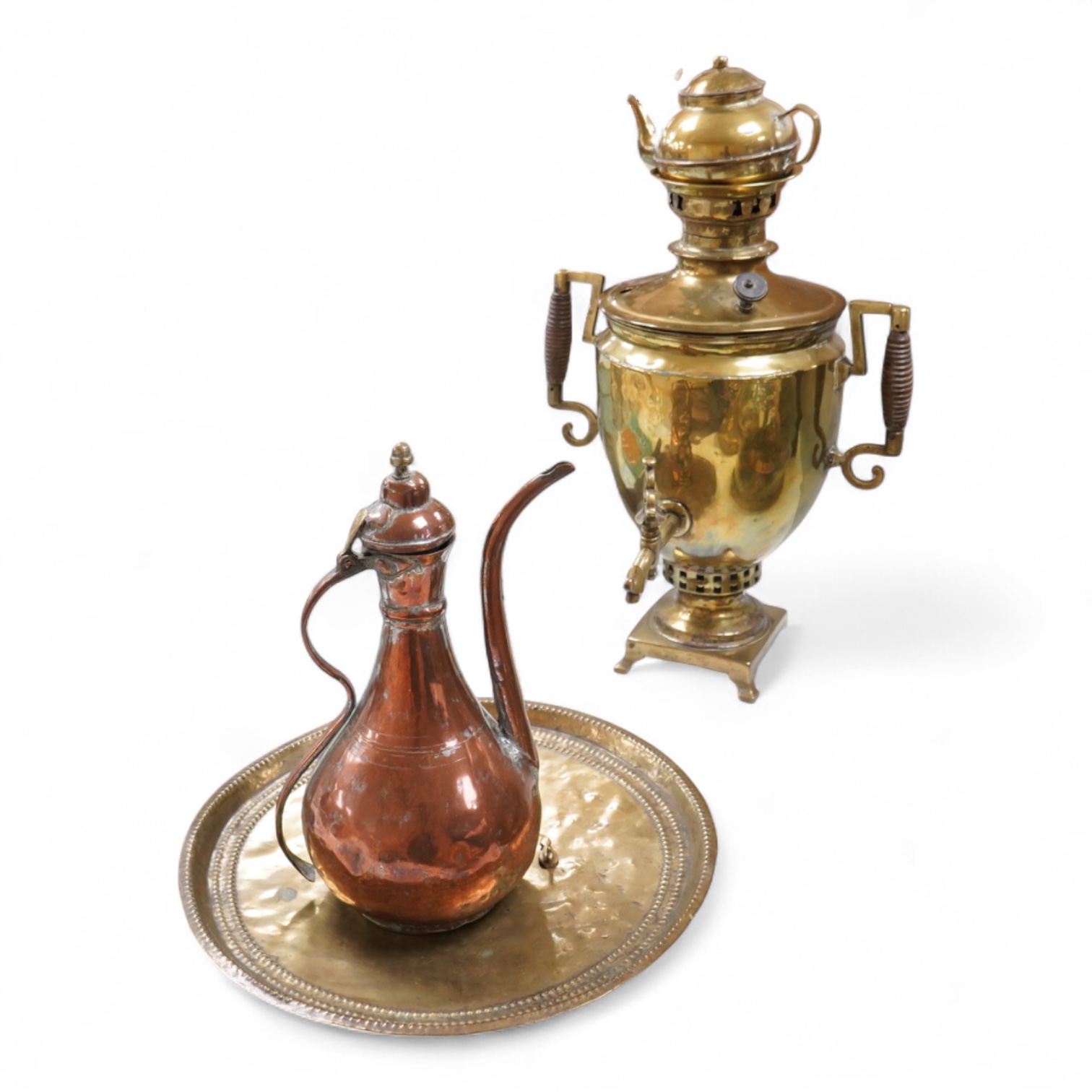 A Turkish brass samovar, a brass tray and a Middle Eastern coffee pot, largest 57cm high
